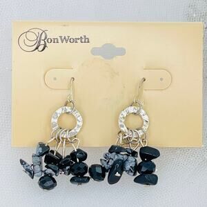 Bonworth Polished Stone Dangle Earrings Black and Silver Color NWT